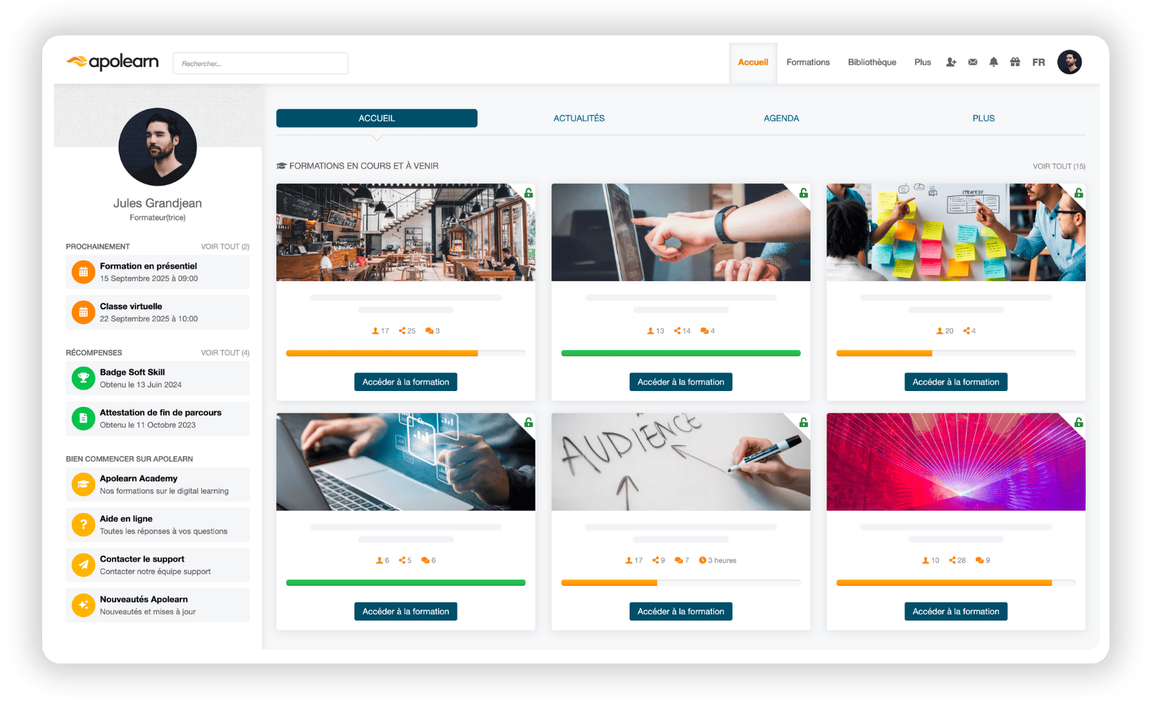 Page d'accueil formations Apolearn LMS avec IA Page d'accueil formations Apolearn LMS avec IA